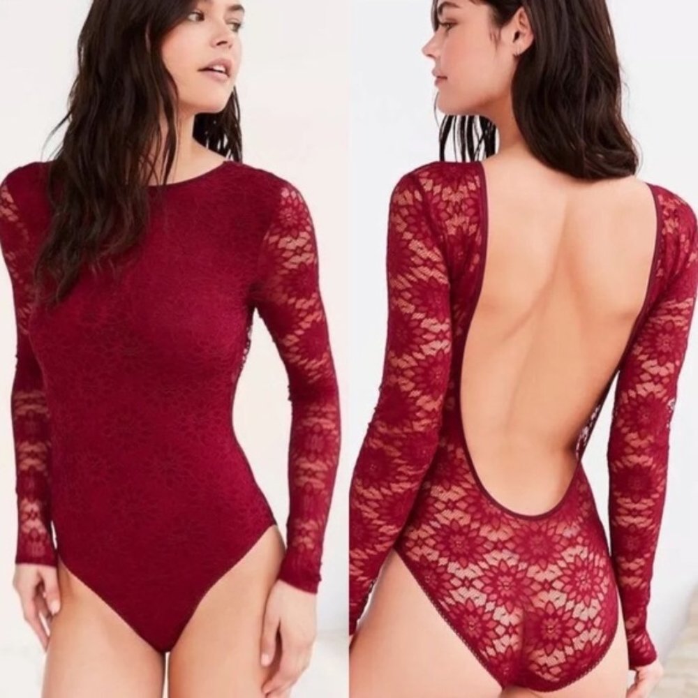 UO OUT FROM UNDER Loralie Lace Long Sleeve Sheer Bodysuit Burgundy Wine